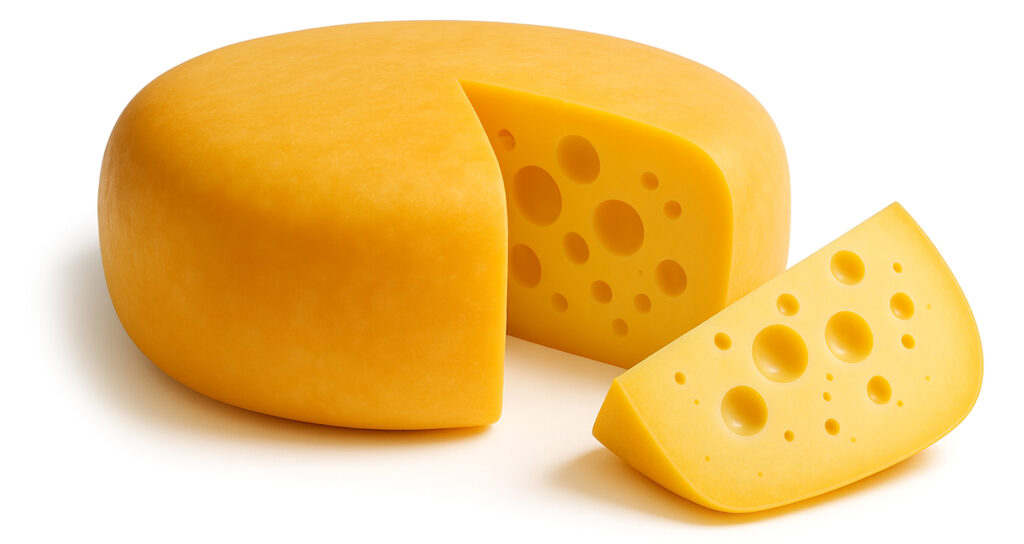 Wheel of cheese with a cut wedge showing texture and holes