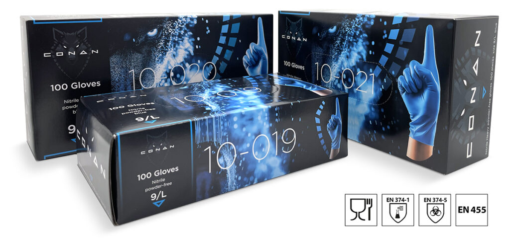 3 types of product packaging (dispenser boxes) for Conan nitrile gloves.