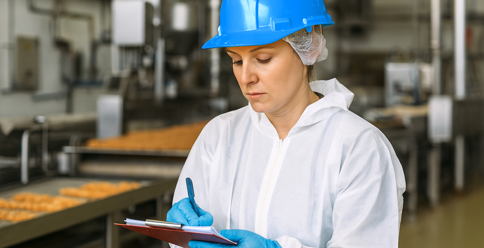 Food production worker in protective clothing writing on a clipboard next to a production line