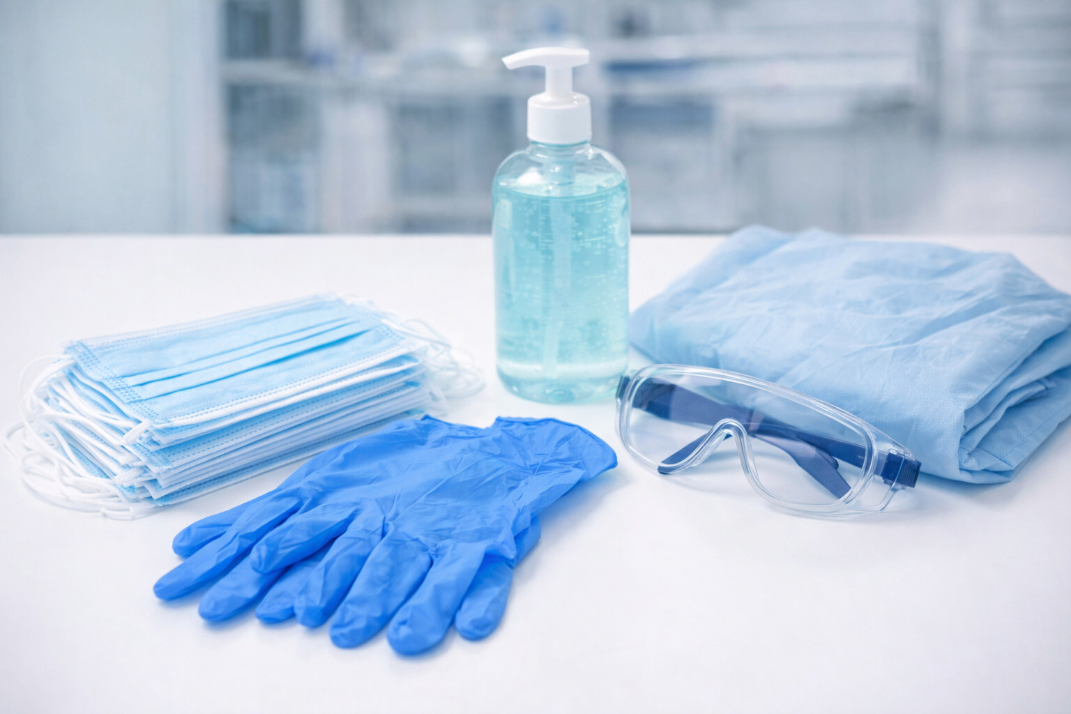 Personal protective equipment and hygiene products such as gloves, mask, safety goggles and hand disinfection for infection prevention with Nipah.
