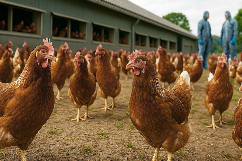 Poultry farm with chickens and workers wearing protective clothing (PPE) in the background