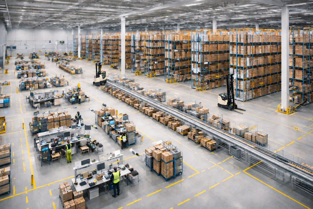 Large warehouse with pallet racks, conveyor system and employees working at packing stations