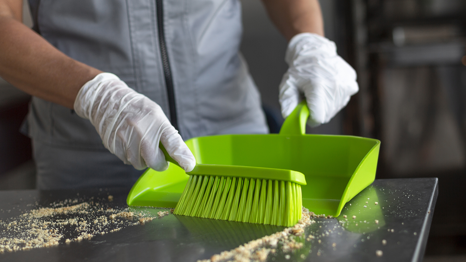 Green hand brush and dustpan