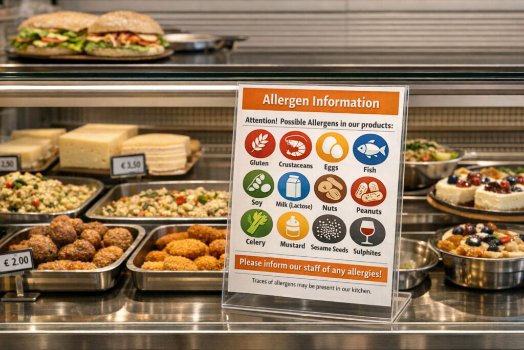 Image of a display case with food items and allergen information
