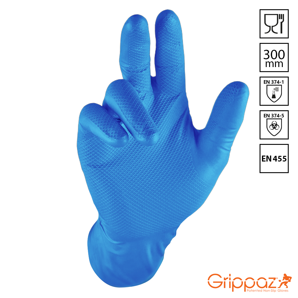 Blue Grippaz nitrile glove with textured fish scale grip, 300 mm length and certification icons
