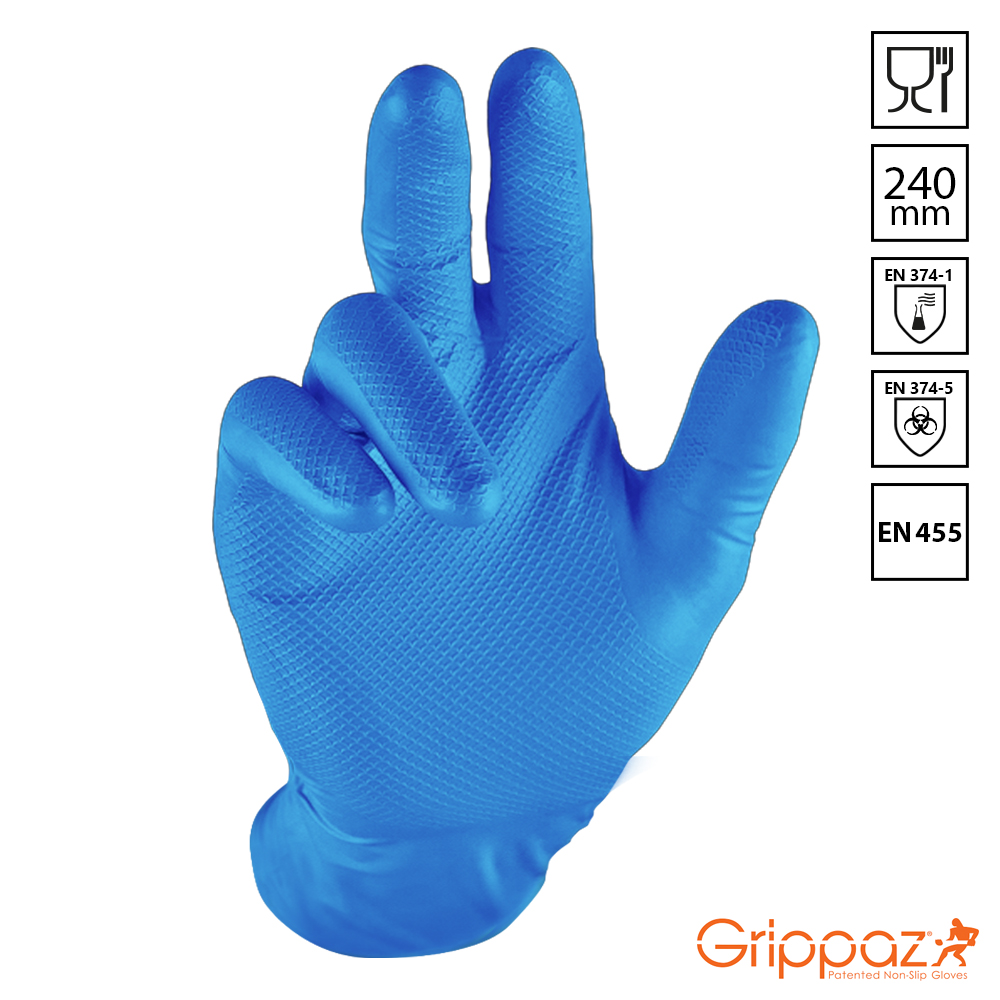 Blue Grippaz nitrile glove with fish scale grip texture