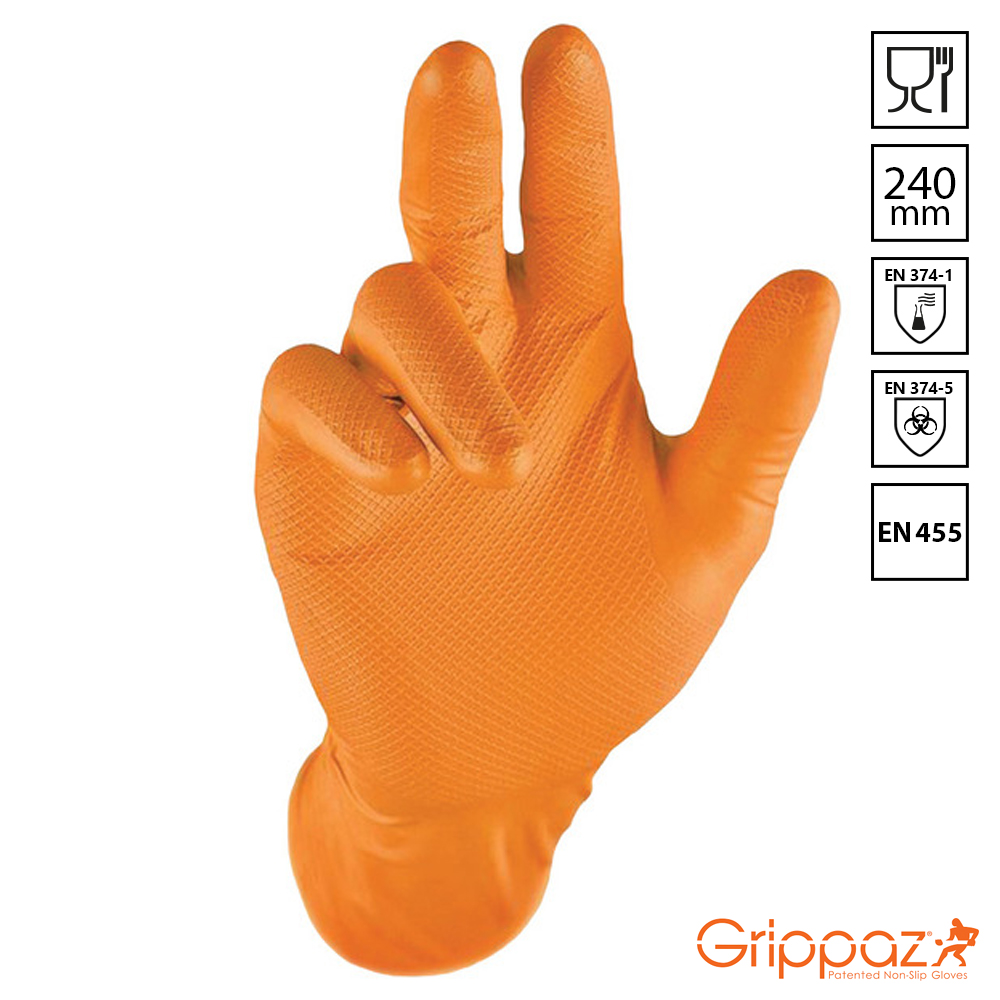 Orange Grippaz nitrile glove with fish scale grip texture
