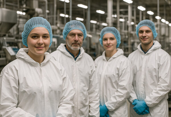 A team of employees in hygienic protective clothing in a production environment.