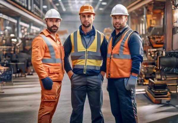 Three employees in workwear with safety helmets in an industrial work environment.