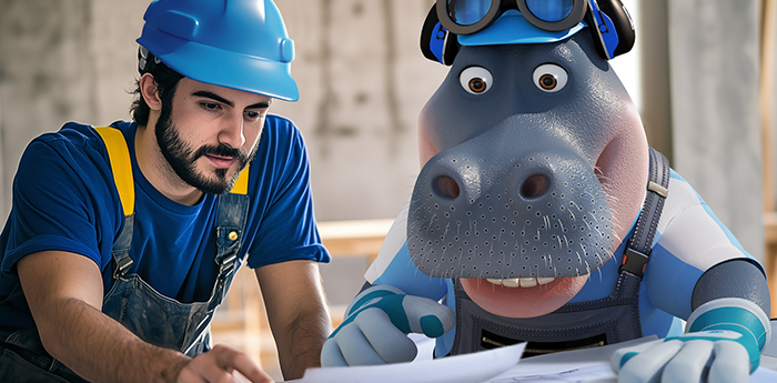 A construction professional and cartoon hippo (Niles) reviewing plans together on site