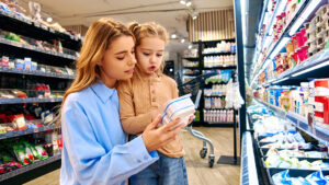 A woman and child reading a product label in a supermarket