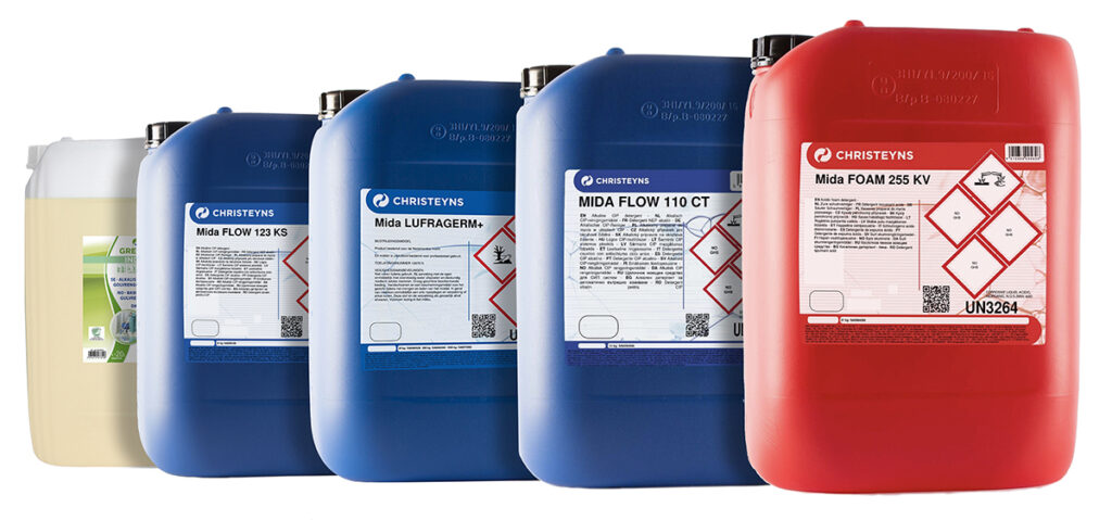 Multiple industrial cleaning and chemical products in plastic jerrycans