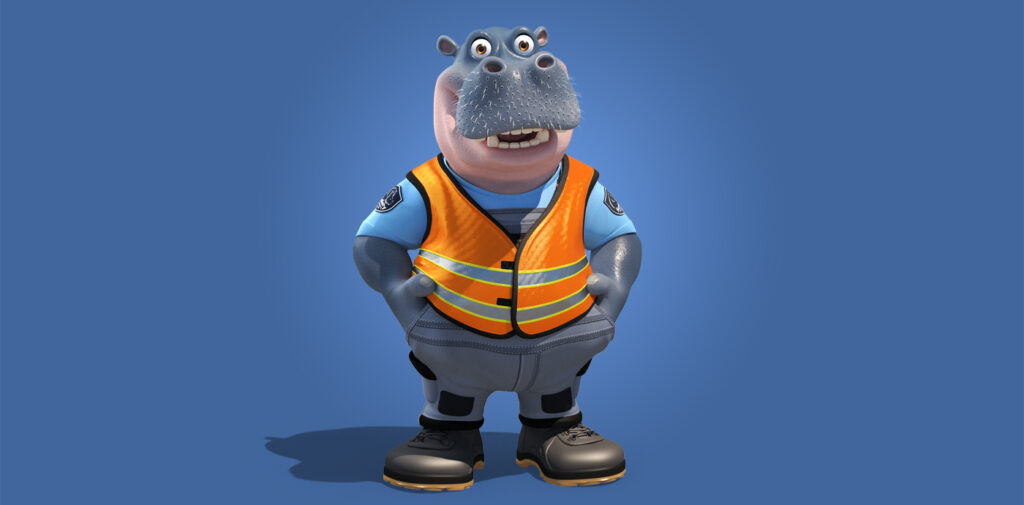 Niles, a cartoon-style hippo as a safety mascot wearing a high-visibility vest and protective clothing