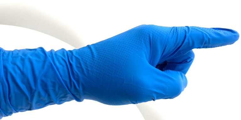 Image of a hand wearing a blue disposable glove pointing to the right