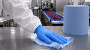 Worker cleaning a stainless steel surface with food-safe wiping paper in a food production environment