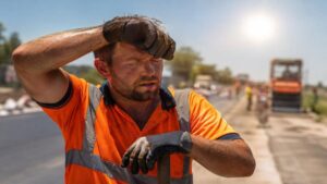 Road worker showing signs of heat stress while working alongside a road on a hot day