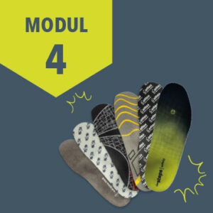 Various insoles for safety footwear displayed as part of a fitting assessment, labelled "MODUL 4"