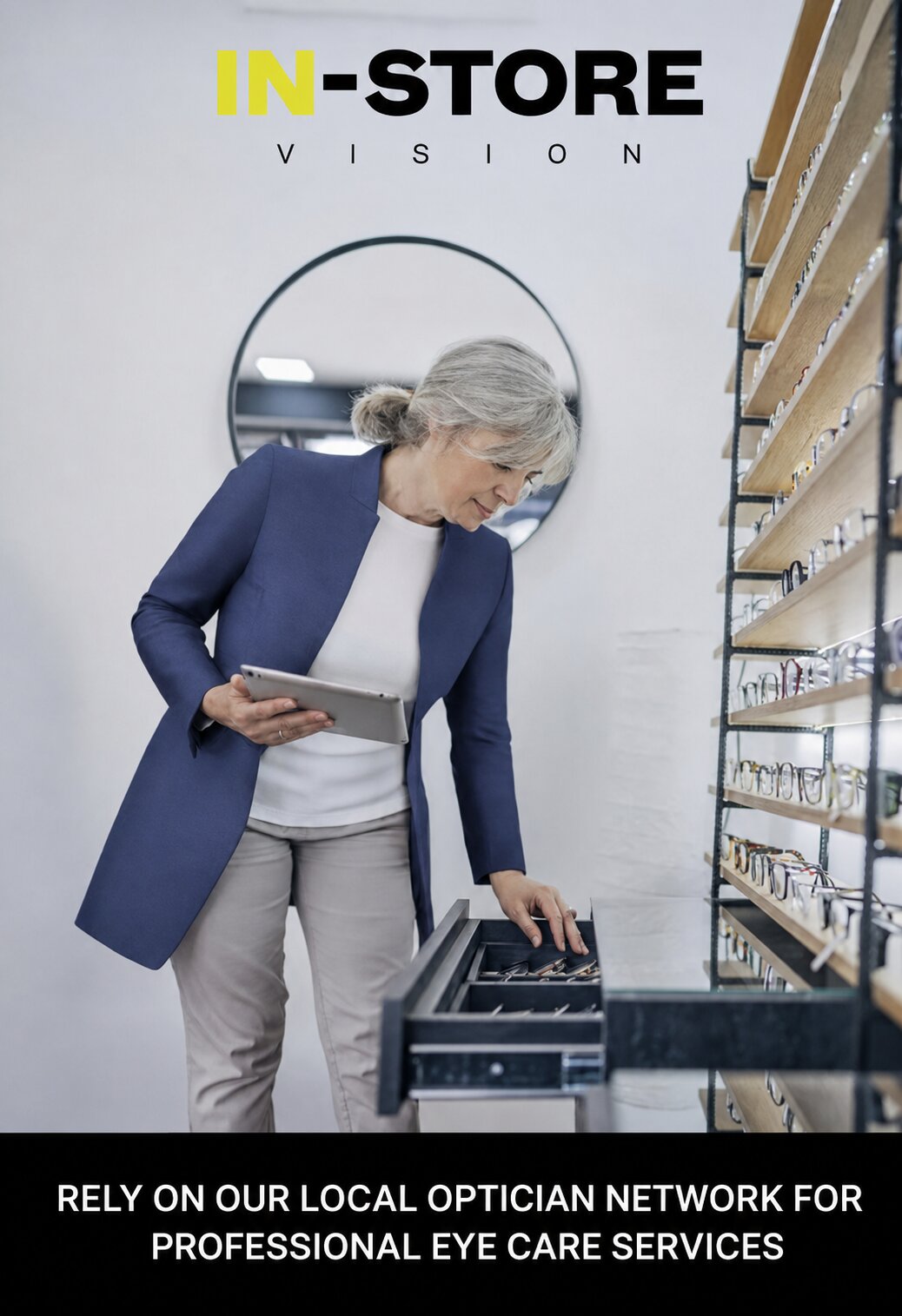 A person using a tablet while viewing eyewear displays beneath the In-Store Vision logo