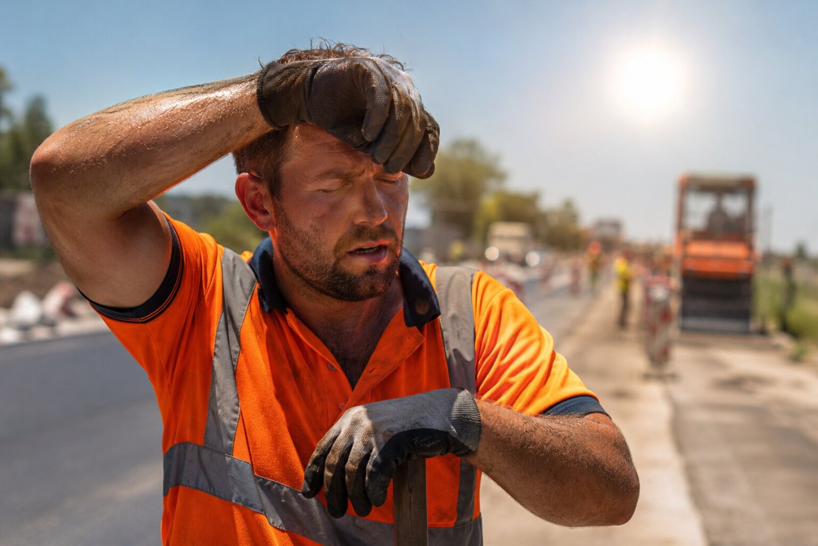Road worker showing signs of heat stress while working alongside a road on a hot day