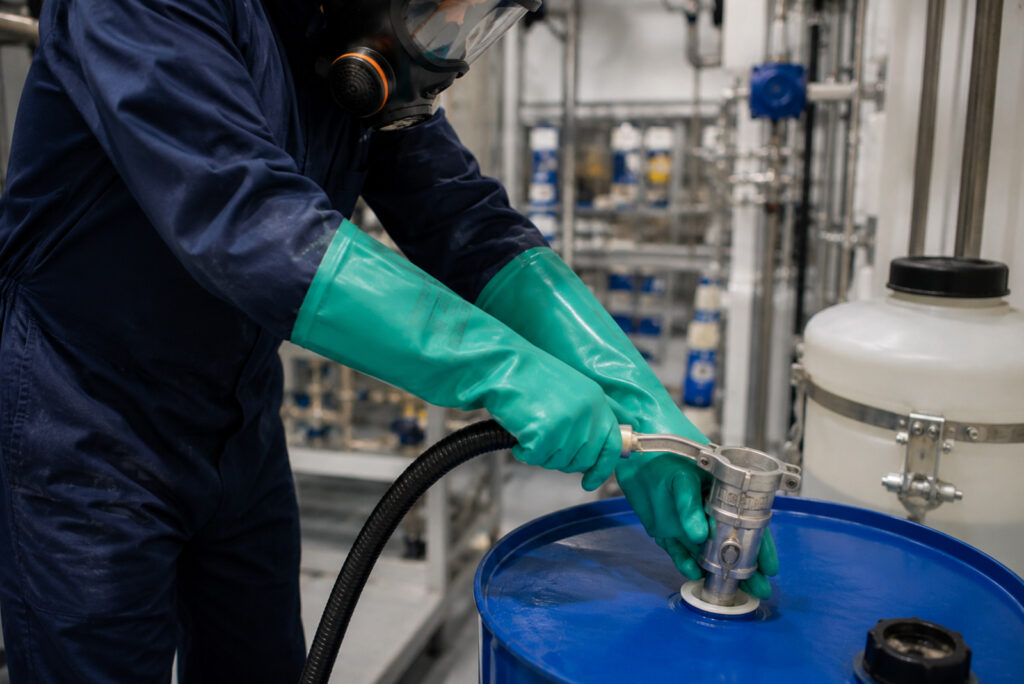 Worker wearing respiratory protection, chemical protective clothing and gloves pumps liquid from a drum in an industrial environment.