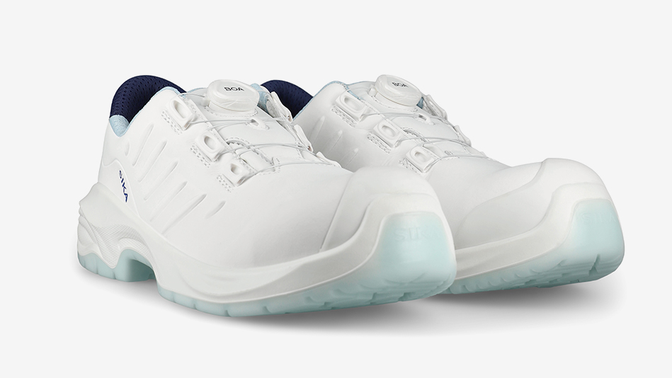 Pair of white safety shoes with a BOA closure system and light blue sole accents, displayed on a light grey background.