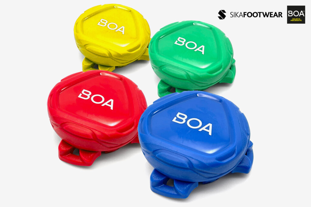 Four coloured BOA dials in yellow, green, red and blue displayed on a light background alongside the Sika Footwear and BOA logos.