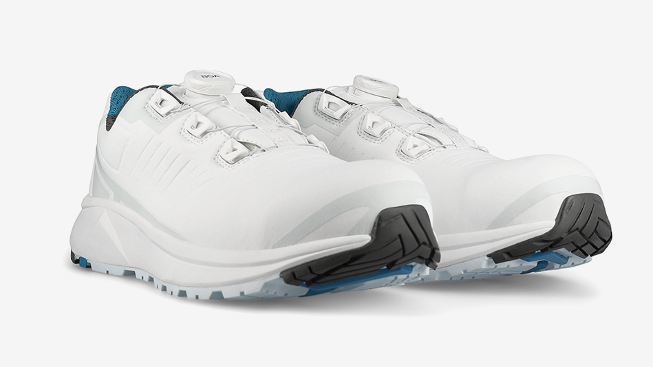 Pair of white safety shoes with a BOA closure system, displayed on a light grey background.