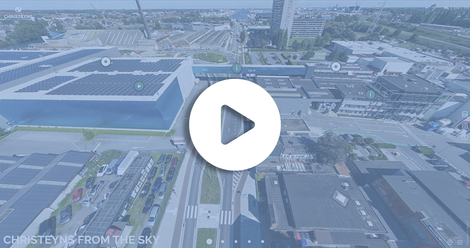 Aerial view of the Christeyns production site with a play button for an interactive 3D virtual tour