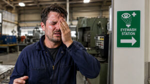 Employee with an irritated eye next to a sign indicating the direction to an eye wash station.