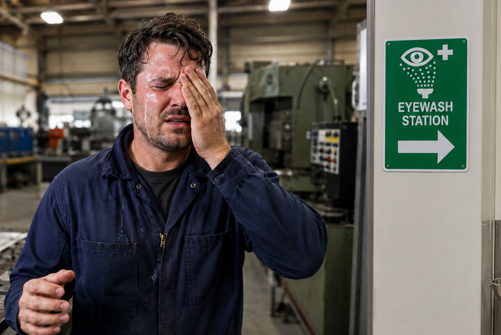 Employee with an irritated eye next to a sign indicating the direction to an eye wash station.