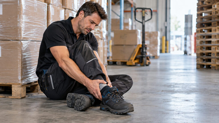 Warehouse worker with ankle pain after spraining his ankle at work.