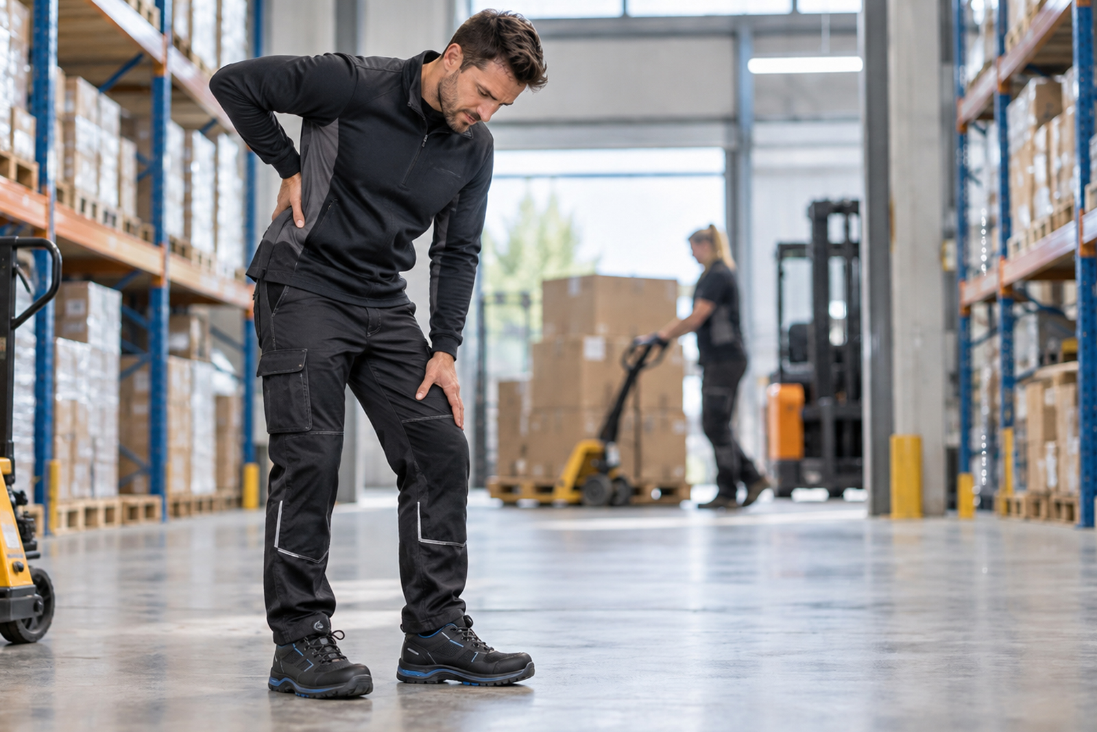 Warehouse worker with pain in his lower back and leg while at work.