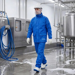 Worker wearing blue ELKA Pro protective clothing walking through a wet industrial production area with stainless steel equipment.
