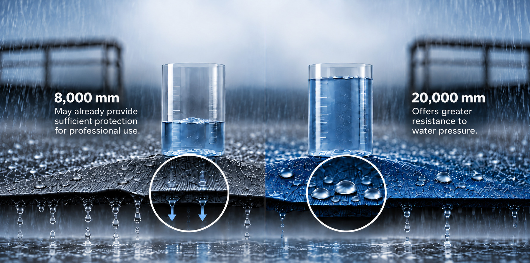 Comparison of waterproof performance at hydrostatic head ratings of 8,000 mm and 20,000 mm.