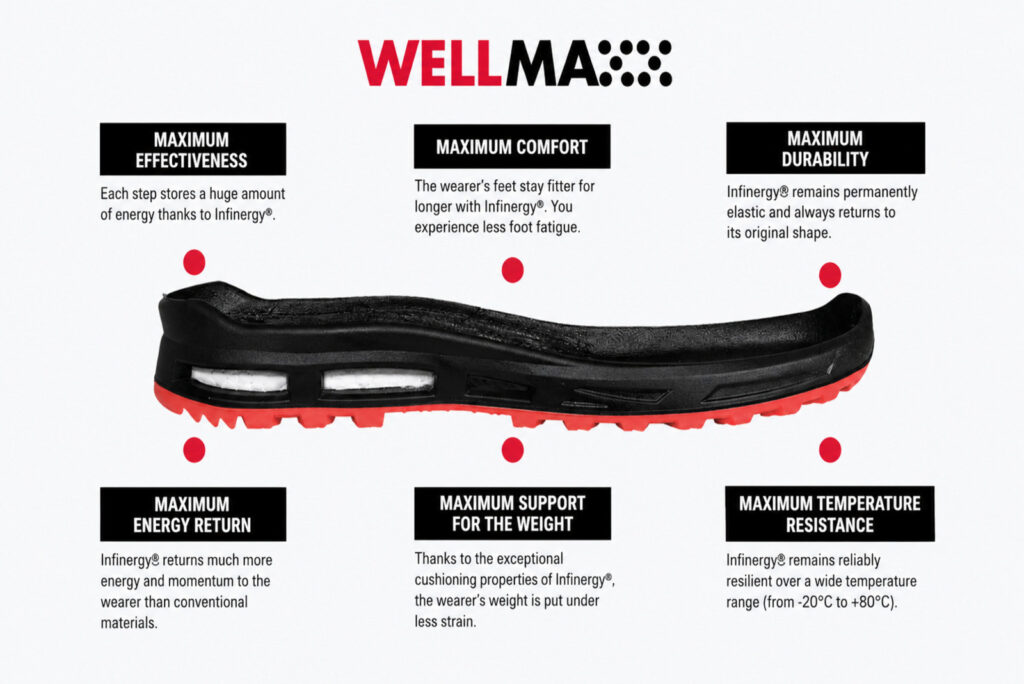 Infographic showing the benefits of Infinergy® in ELTEN WELLMAXX safety footwear.
