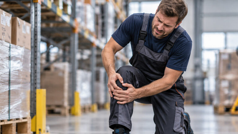 Warehouse worker with knee pain while at work.