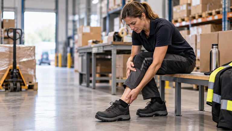 Warehouse worker with pain in her lower leg due to overuse of muscles and tendons.