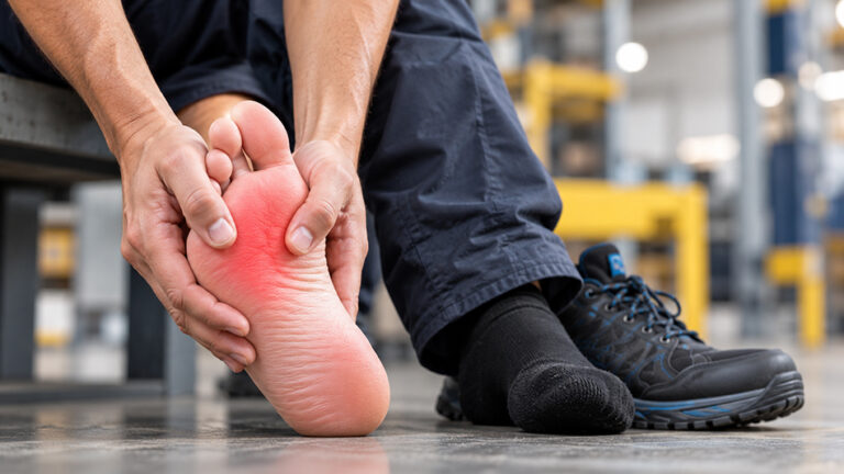 Worker with a painful, red and irritated sole after wearing safety footwear.